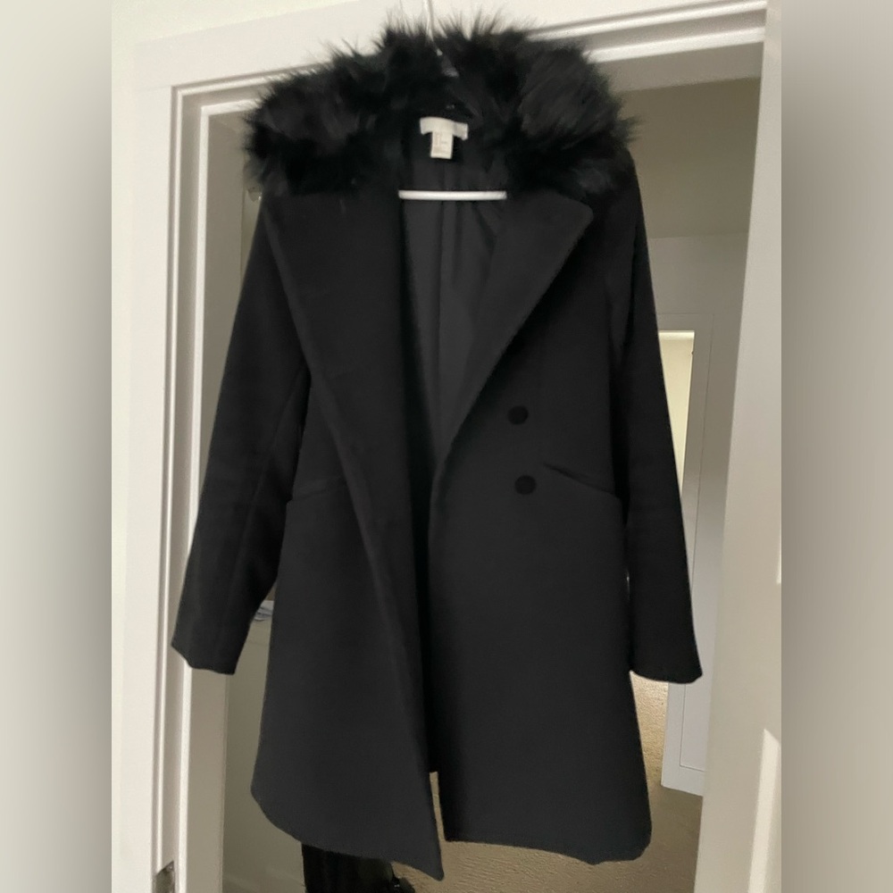 H&M Black Trench Coat with Faux Fur Collar